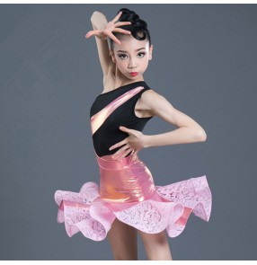 Girls pink with balck latin dance dresses children modern dance salsa rumba chacha latin dance dress skirts