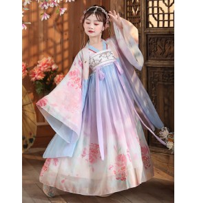 Girls Pink with floral fairy Hanfu dress chinese ancient folk costume guzheng performance dress Tang dynasty empress princess cosplay kimono dress big long sleeves