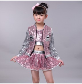 Girls pink with silver sequin jazz hiphop dance costumes for kids cheerleaders gogo dancers stage performance outfits