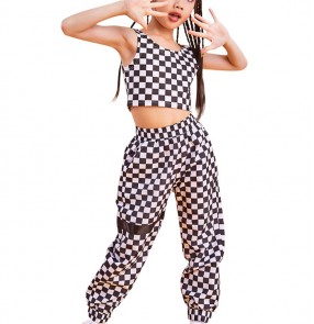 Girls plaid hip-hop modern jazz dance outfits costumes kids children stage performance outfits