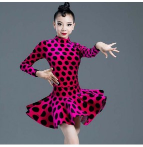 Girls polka dot hot pink velvet competition latin dance dresses salsa rumba chacha dance dress costumes