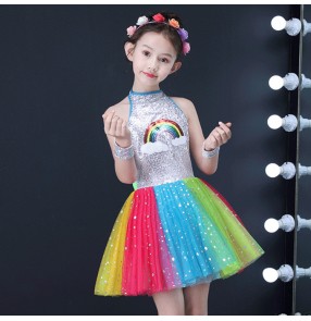 Girls princess dresses kids children  modern dance host chorus singers dress show model costumes singers host ballet dancing dress