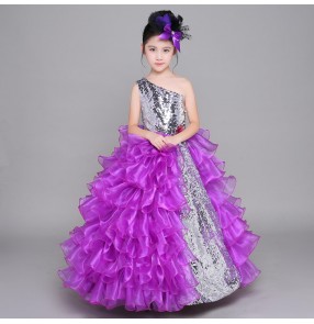 Girls princess evening host chorus stage performance dresses kids children modern dance singers long fluffy skirt competition dresses