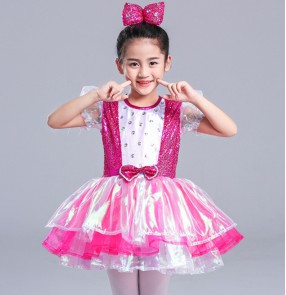 Girls princess jazz dance dress kids  singers dress competition pink sequin colored chorus drama cosplay flower girls dress