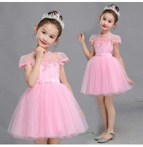 Girls princess jazz modern dance dresses kids children pink flowers chorus singers school show performance outfits dress