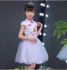 Girls princess modern dance dresses kids children pink white stage performance qipao flower girls chorus dresses