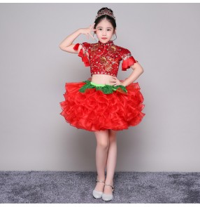 Girls princess modern dance singer chorus stage performance dresses red paillette flower girls host piano jazz dancing dresses