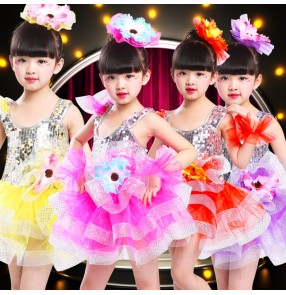 Girls princess paillette modern jazz dance dresses kids children ballet flower girls chorus stage performance dresses