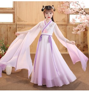 girls purple gradient chinese Hanfu film drama cosplay tang han dynasty fairy princess dresses children water sleeve guzheng Classical dance costume