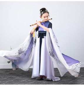 Girls purple gradient hanfu fairy dress guzheng flute singers model show performance dress for kids waterfall sleeves chinese classical dance costume for girl