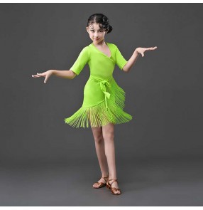 Girls purple green pink black latin dance dresses competition regulations kids practice latin dance skirt fringed girls latin performance clothing