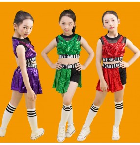  Girls purple red green sequined jazz dance outfits kindergarten street Hiphop rap gogo dancers dance costumes cheerleading dance catwalk dance wear for kids