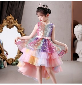 Girls rainbow colorful sequin piano singers performance dress for kids princess model show flower girls dresstrailing fluffy princess dress student choir performance costume