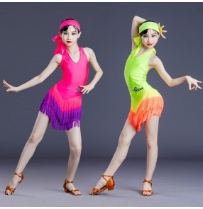Girls rainbow fringed latin dance dresses Children green fuchsia Latin Dance Costumes Halter Neck Girls Latin Dance Costume Split Skirt