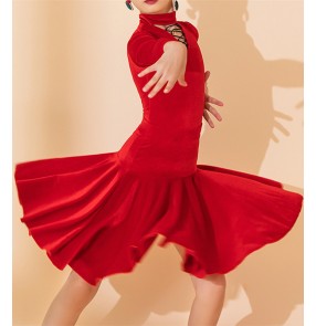 Girls red black velvet latin dance dress modern ballroom latin dance costumes professional competition latin dance dress for children