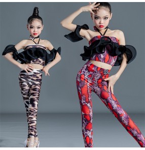 Girls red brown leopard printed latin dance costumes modern salsa rumba chacha dance ruffles tops and pants for children