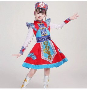 Girls red colored Mongolian Dance dresses Children Mongolian dance skirts kids Ethnic Mongolia performance robe