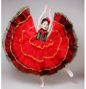 Girls red flamenco Spanish bull dance dresses kids children stage performance modern dance ballroom dance dress costumes