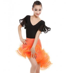 Girls red orange latin dance dresses competition stage performance kids children salsa chacha rumba dance tops and skirts costumes