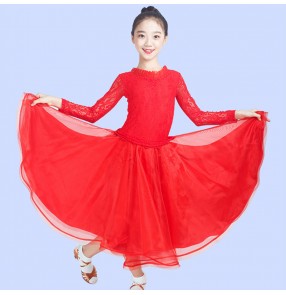 girls red royal blue Lace ballroom dance dress for kids ballroom dance costumes stage performance modern dance dress