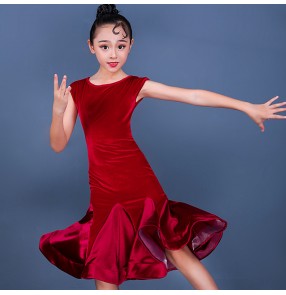 Girls red velvet competition under knee length latin dance dresses