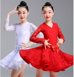 GIrls red white colored lace latin dance dresses competition stage performance latin dance dress costumes