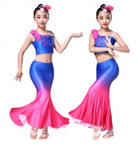 Girls royal blue belly dance dresses mermaid peacock modern dance drama photography competition stage performance costumes dresses