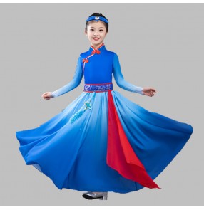 Girls royal blue gradient Chinese folk Minority Mongolian dance dress for kids mongolia performance robe kindergarten Mongolian dance clothes mongolia show costume girls