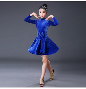 Girls royal blue pink kids competition latin dance dresses stage performance salsa rumba chacha dance dress costumes