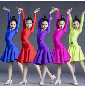 Girls royal blue red violet yellow competition ballroom latin dance dresses stage performance rumba chacha salsa dance skirts for kids 