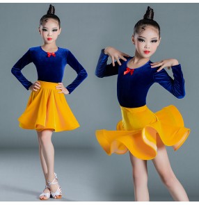 Girls royal blue velvet with yellow ballroom latin dance dress modern ballroom latin dance costumes stage performance latin dance clothes
