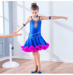 Girls royal blue with pink feather latin dance dresses competition stage performance modern dance samba salsa chacha dance dress