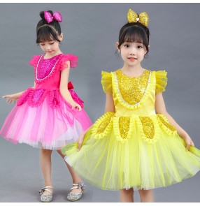 Girls sequins flowers princess stage performance choir dresses for kids kindergarten modern dance chorus dresses host singers performance dresses