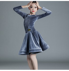 Girls Silver black velvet Latin Dance Costume competition Latin dance dress for kids children long-sleeved practice ballroom dance dress