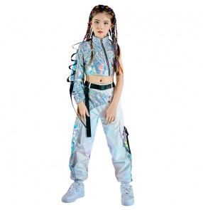 Girls silver laser Jazz dance clothes children catwalk gogo dancers fashion clothes street rap dance practice clothes girls hip-hop suit 