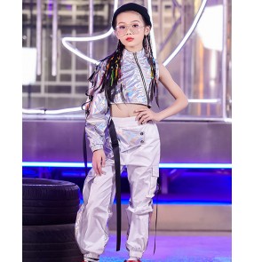 Girls silver laser leather jazz dance catwalk fashion costumes children's models fashion street dance costumes girls modern gogo dancers rapper dance outfits