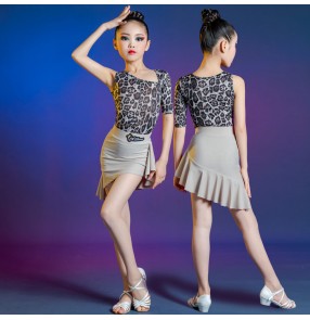Girls silver leopard Latin Dance dresses leotard body top with irregular fringe skirt modern dance stage performance latin dance clothing for children