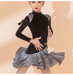 Girls silver leopard velvet Latin dance dresses Leopard Competition ballroom dance dresses for kids professional performance latin dance costumes for girl