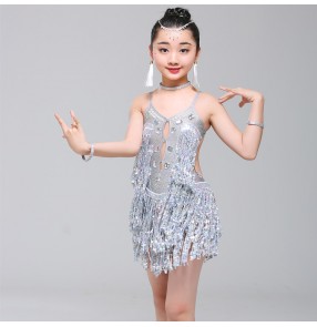 Girls silver sequin fringes latin dance dresses kids children school competition stage performance salsa rumba chacha dance dresses costumes 