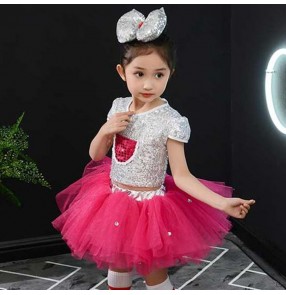 Girls silver with pink princess jazz dance dresses modern dance chrous school show stage performance singers stage performance costumes 