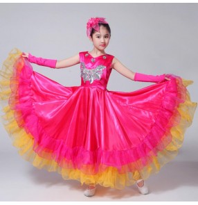 Girls spanish bull dance ballroom dresses pink red  chorus school competition stage performance cosplay costumes dresses