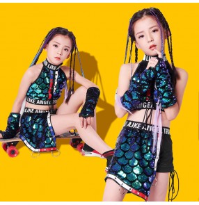 Girls street hiphop dance costumes children kids green sequin modern dance school competition show performance outfits
