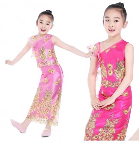 Girls Thailand traditional folk dance dresses stage performance kids children dai Thai minority cosplay dress costumes
