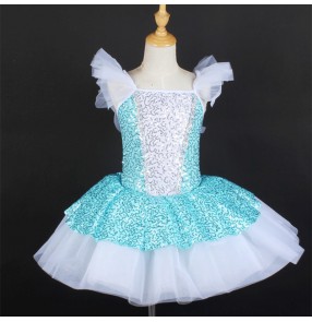 Girls Toddlers turquoise with white sequined tutu skirt ballet dance dress Princess dresses Jazz dance professional performance stage outfits