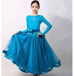Girls turquoise blue competition ballroom dancing dresses kids children stage performance waltz tango swing skirt dresses
