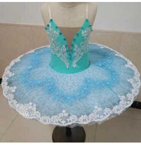 Girls turquoise swan lake competiiton ballet dance dresses classical pancake skirt stage performance tutu skirts ballet dance costumes