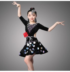 Girls velvet competition latin dance dresses stage performance sequins salsa dance dresses