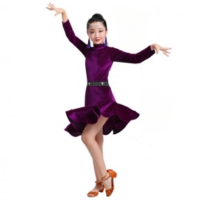 Girls velvet laitn dresses wine red black violet long sleeves rumba salsa chacha dancing skirts costumes dress