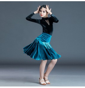 Girls velvet latin dance dress for kids stage performance salsa tassels latin dance costume leotard top and skirt s for kids 