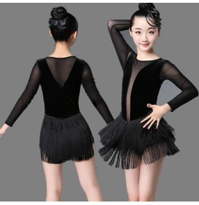 Girls velvet latin dance dresses tassels stage performance modern dance salsa chacha rumba samba dance dresses 